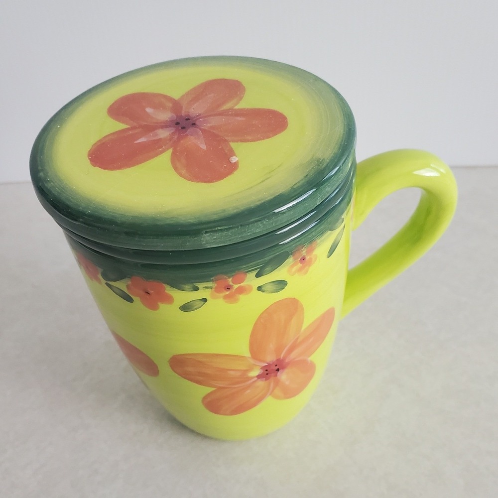 Florl Ceramic Tea Infuser Mug Green 3 Piece Set Steeper Lid Boho Cottage 12 oz